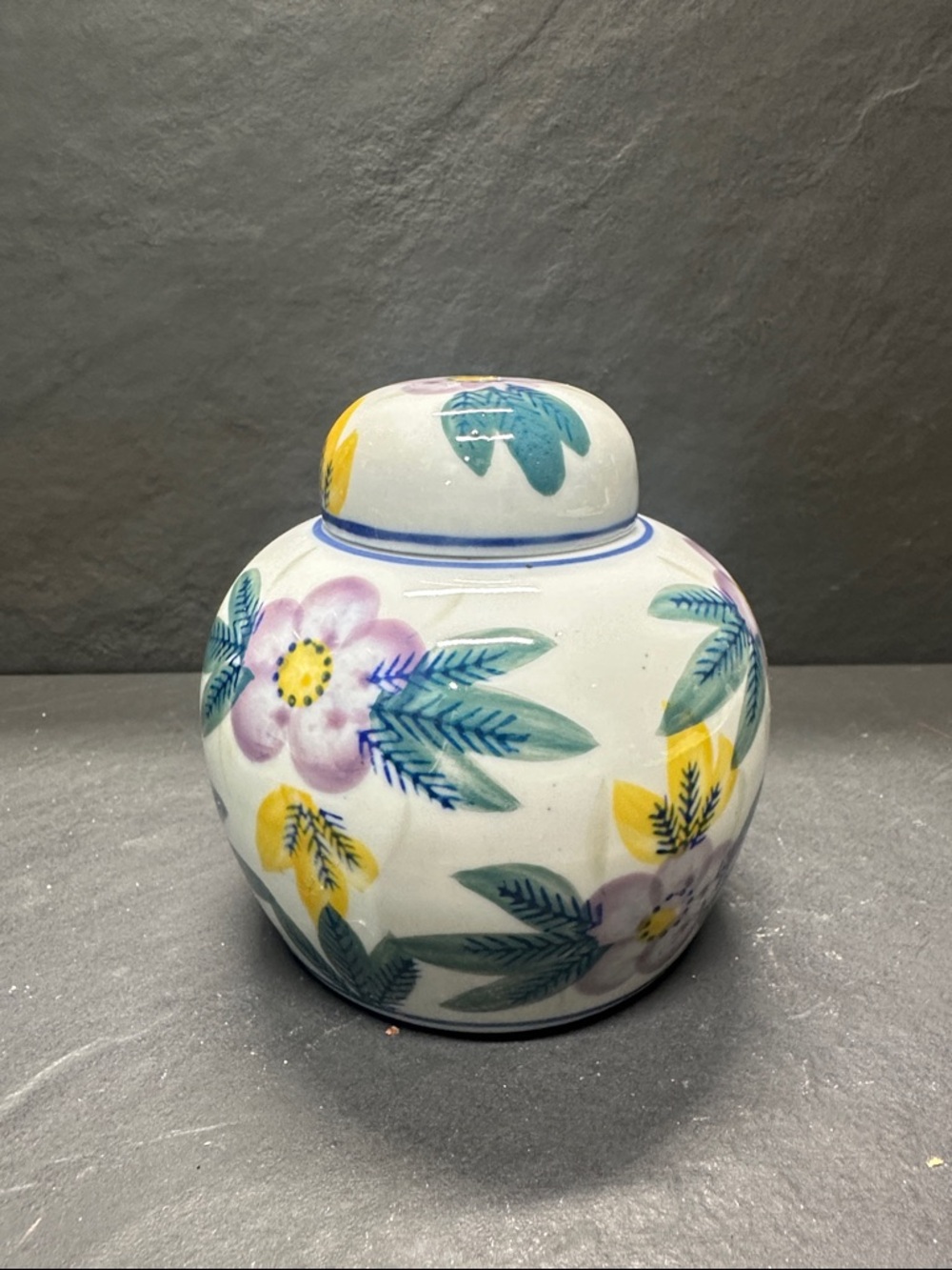 Hand-Painted Floral Ceramic Ginger Jar - White with Yellow & Teal Accents